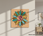 Decorative MDF DIY wall art with a floral design and Om symbol on a wooden panel, placed on a light-colored wall.