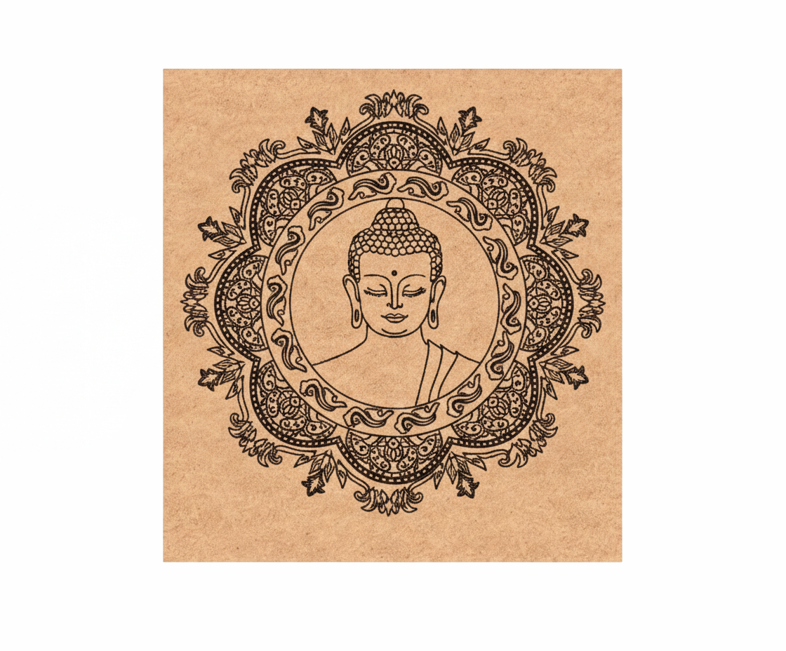 MDF DIY wall art with a black mandala design featuring a Buddha face on a white background