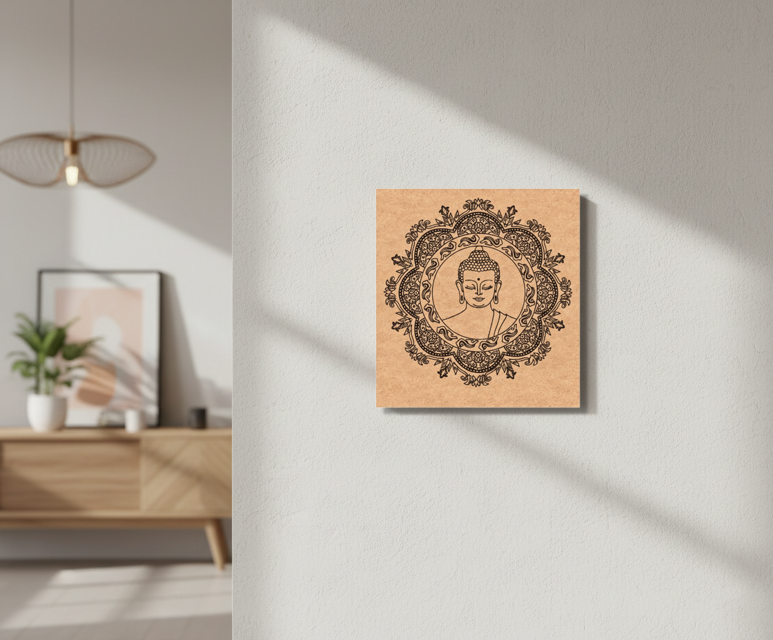 Decorative MDF DIY wall art of a Buddha portrait with intricate patterns on a wooden panel, hanging on a light gray wall.
