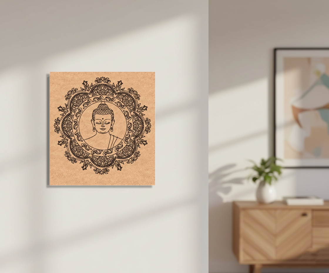 Decorative MDF DIY wall art with Buddha illustration on a light wooden frame, hanging on a wall.