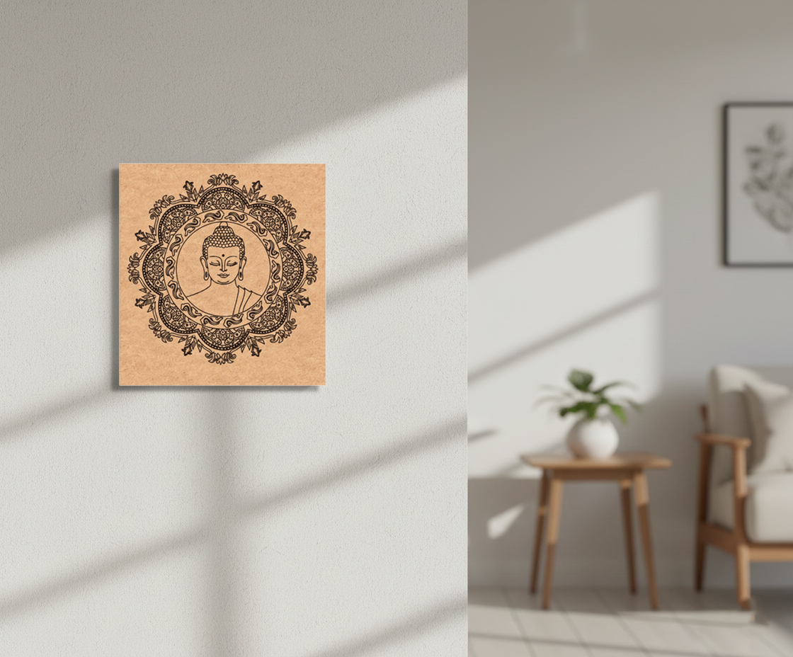 MDF DIY Framed artwork of a Buddha portrait on a wall with sunlight casting shadows.