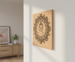 Decorative MDF DIY wall art of Buddha in a frame on a wall with a blurred room background