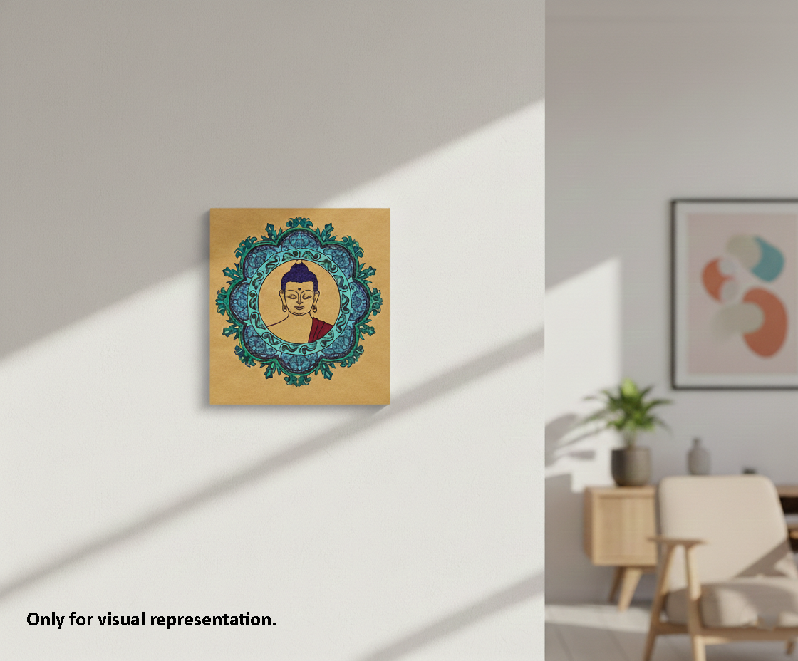 MDF DIY Canvas print of a Buddha illustration in a decorative frame on a wall in a room with furniture.