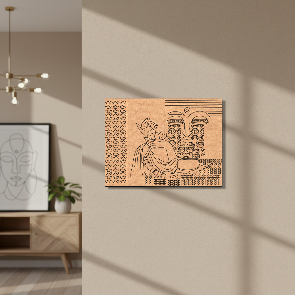 MDF DIY  wall art piece on a beige wall with a modern interior setting.