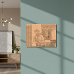 Wooden MDF DIY wall art with abstract design in a room with a chandelier and plant.