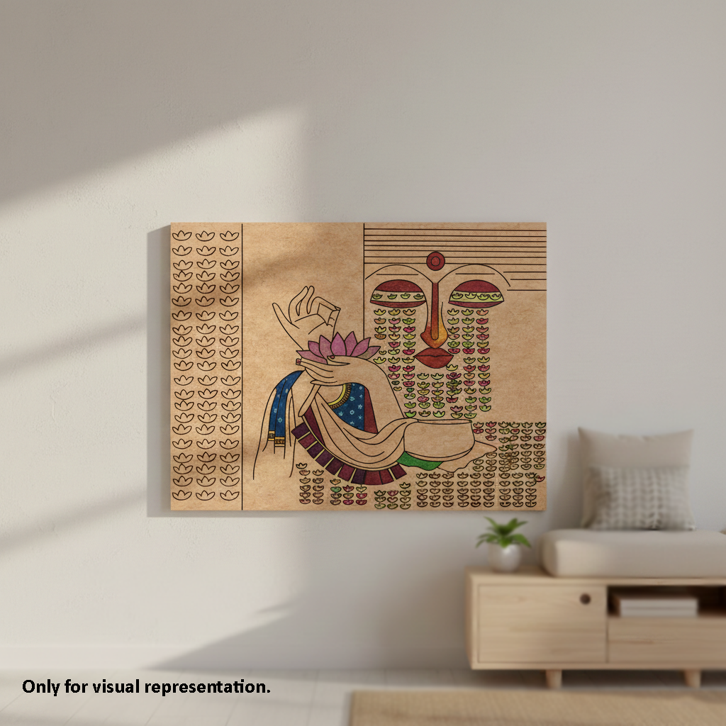 Decorative MDF DIY wall art piece on a wall in a room with a light-colored floor and furniture.