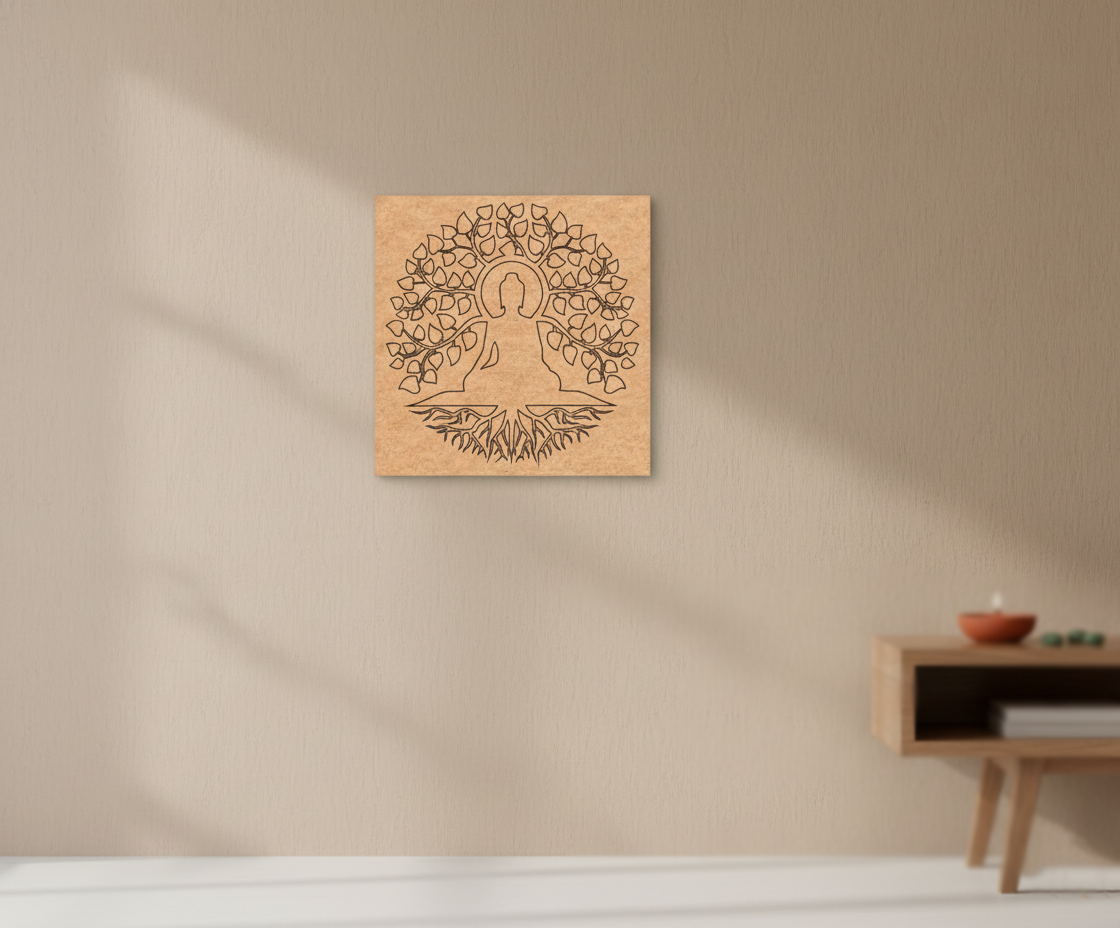 MDF DIY  wall art with a Buddha design on a beige wall