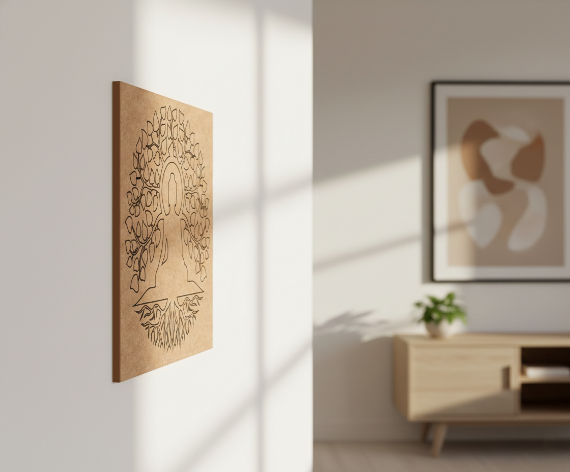 MDF DIY wall art piece on a white wall with a blurred background of a living room.