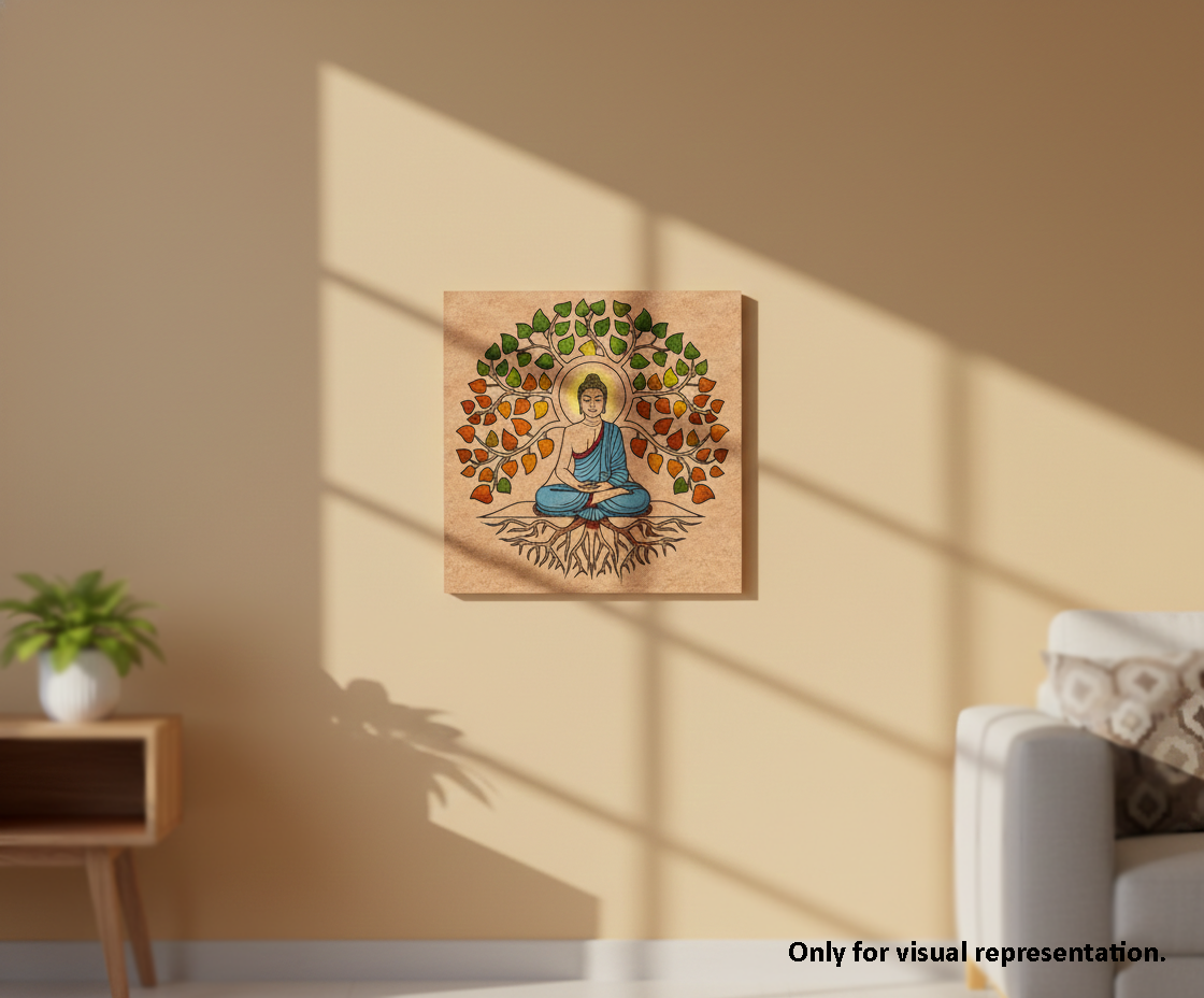 MDF DIY wall art with a Buddha illustration on a wall with sunlight casting shadows.