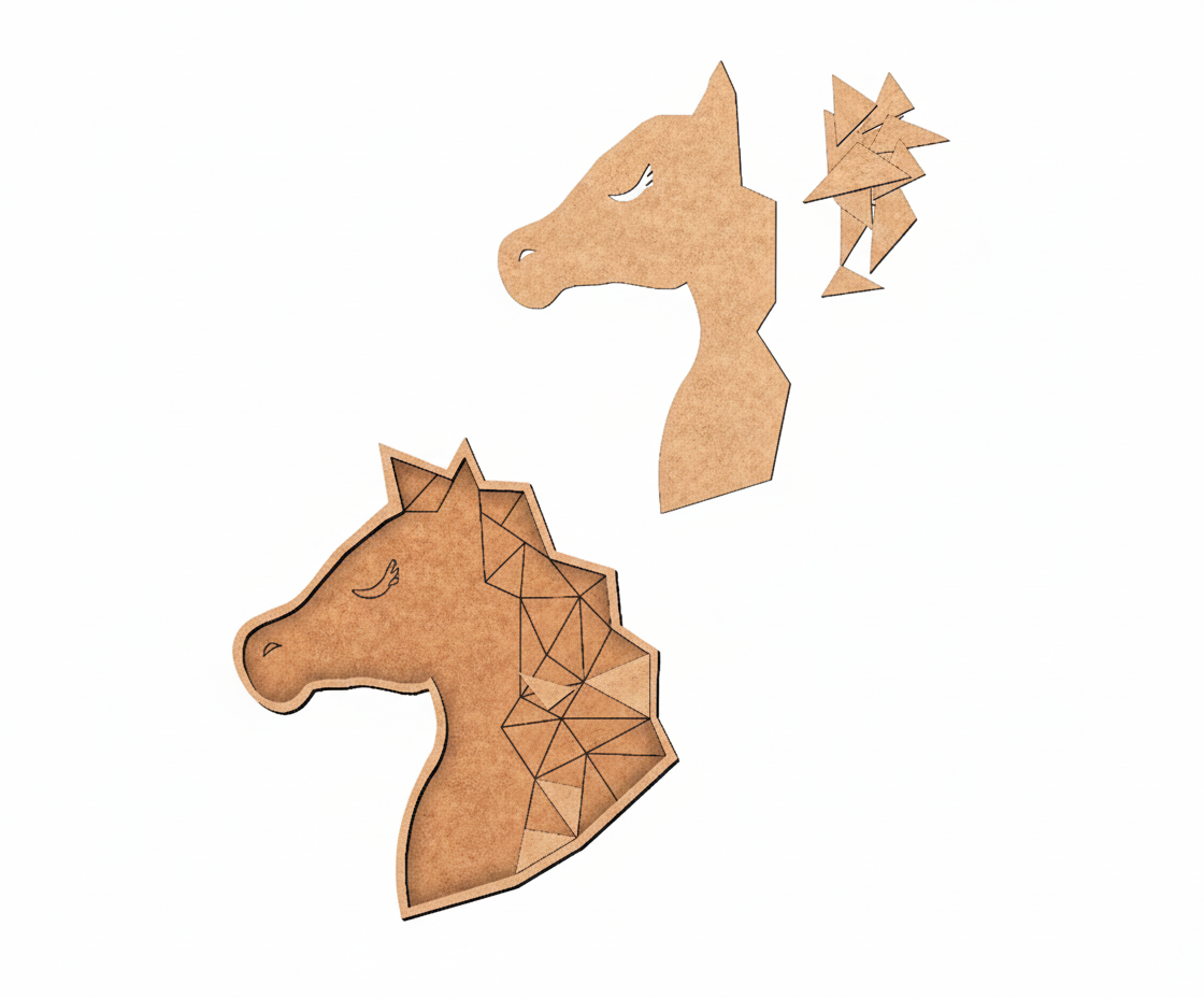 Unpainted DIY MDF geometric horse head puzzle with detachable pieces for painting and craft activity