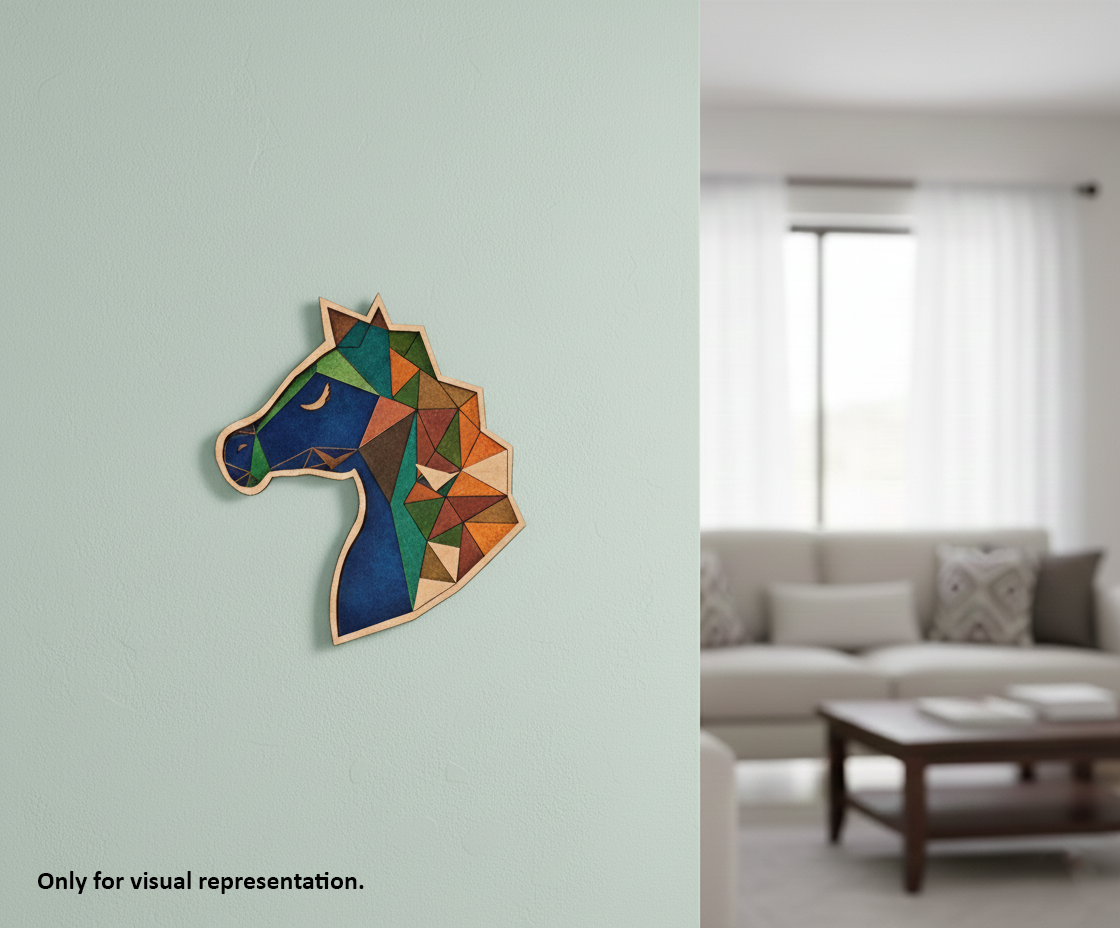 Painted DIY MDF geometric horse head puzzle with detachable pieces for painting and craft activity wall-mounted