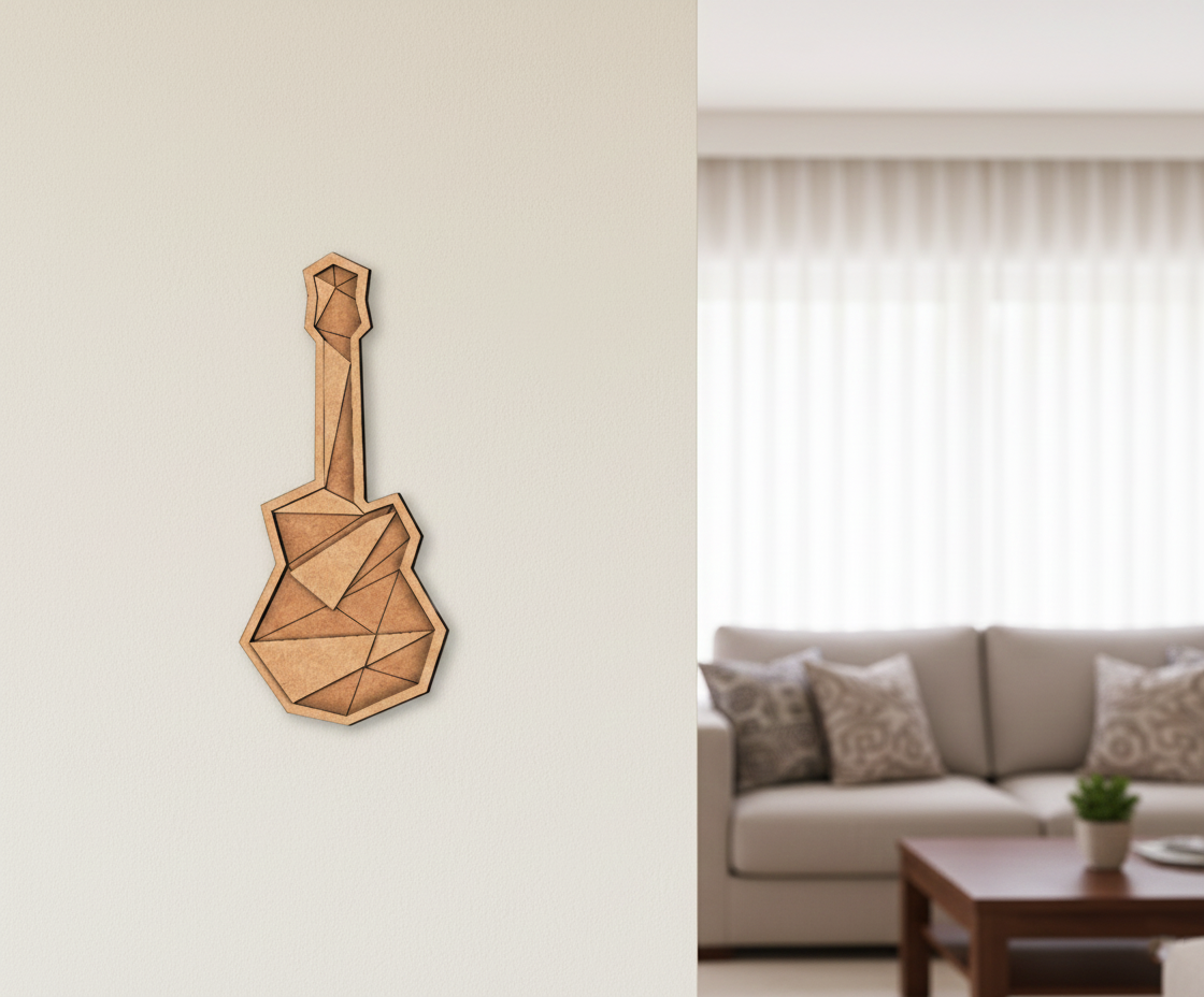 Unpainted DIY MDF geometric guitar puzzle with detachable pieces for painting and craft activity wall-mounted