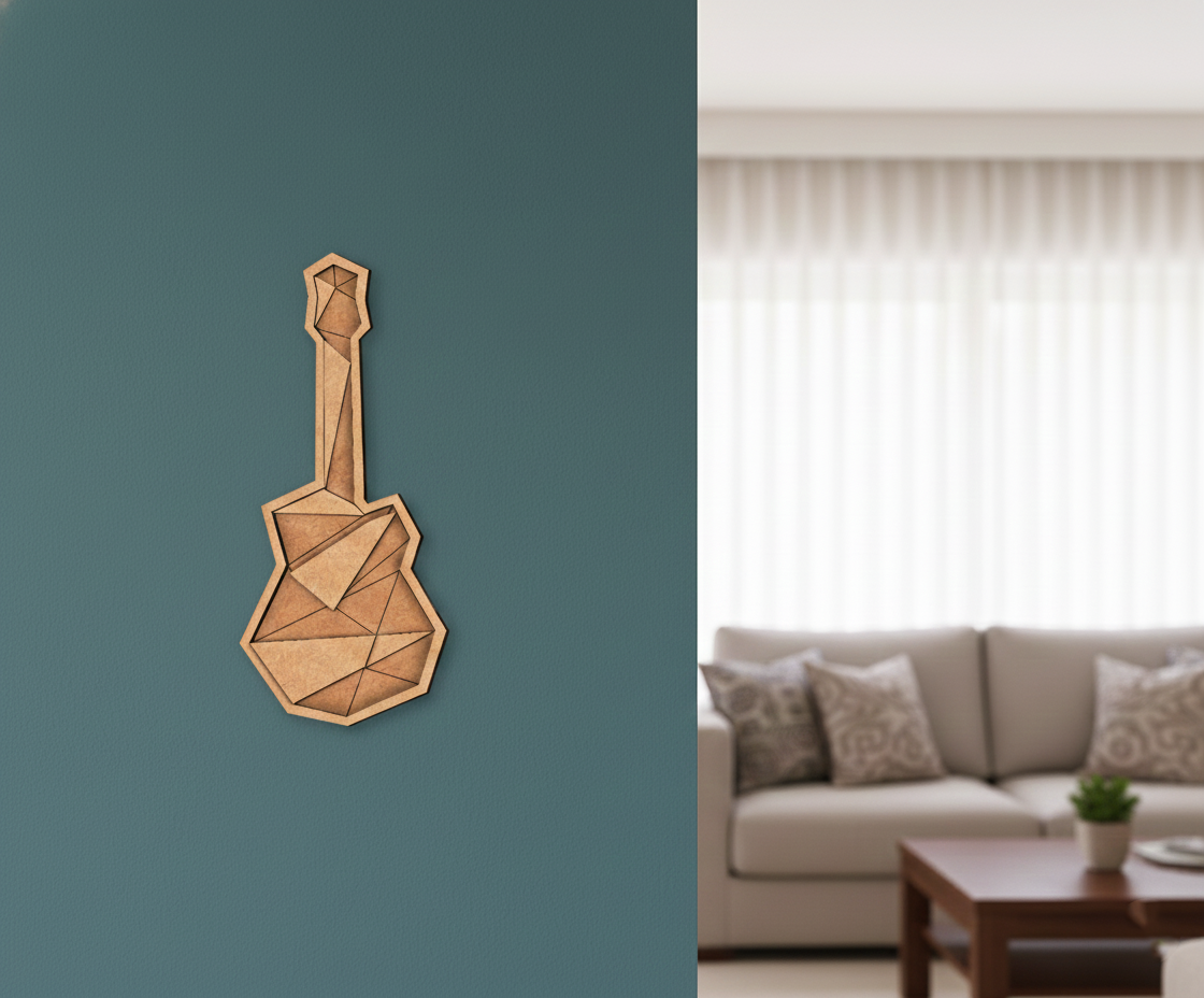 Unpainted DIY MDF geometric guitar puzzle with detachable pieces for painting and craft activity wall-mounted