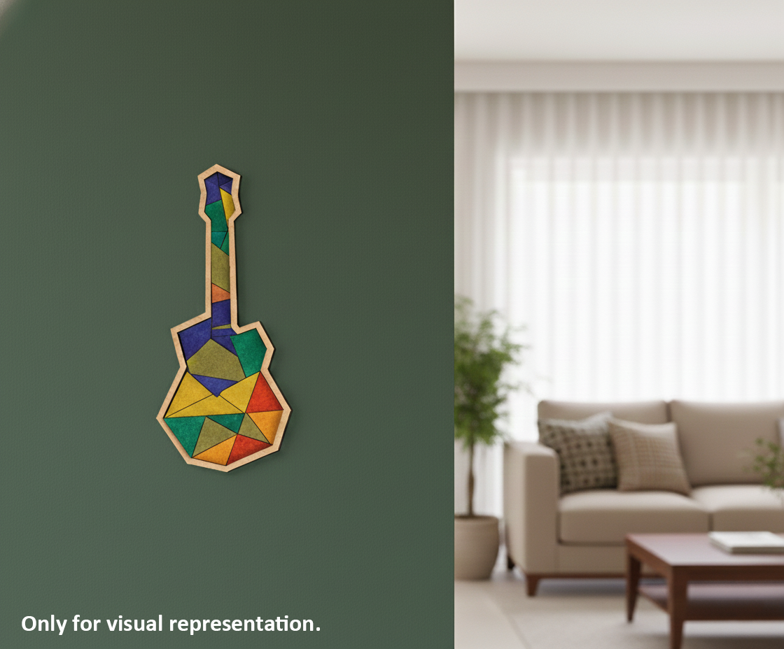 Painted DIY MDF geometric guitar puzzle with detachable pieces for painting and craft activity wall-mounted