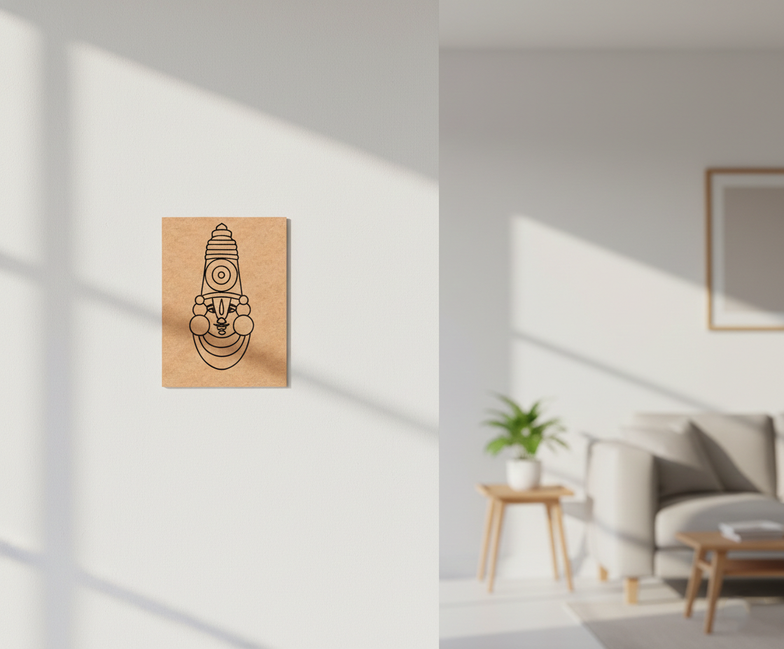 MDF DIY wall art piece on a white wall with a living room in the background.