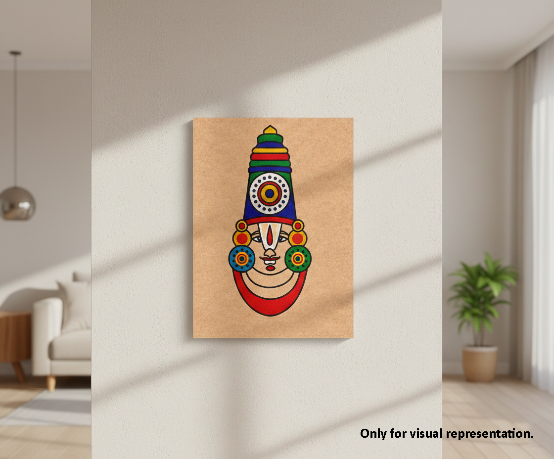 MDF DIY Colorful abstract face design on a wooden panel in a room with a couch and plant.