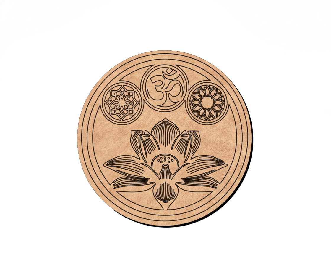 MDF DIY wall art with lotus flower and symbols on a white background