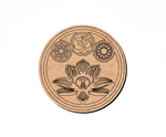 MDF DIY wall art with lotus flower and symbols on a white background
