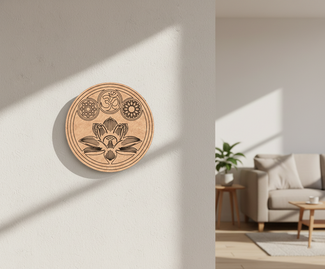 Decorative MDF DIY wall art  with symbols on a light wall, with a living room in the background.