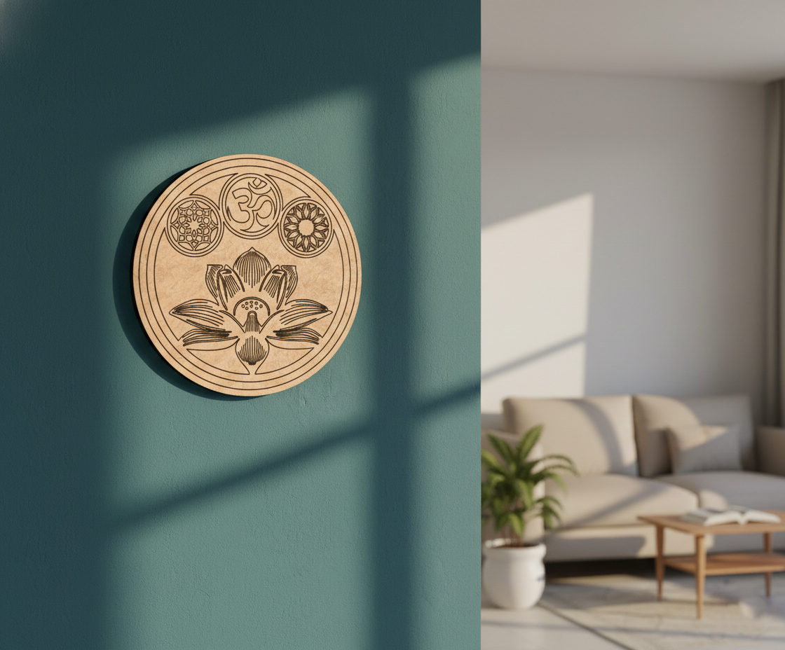 Decorative MDF DIY wall art with a floral design on a teal wall, next to a living room with a sofa and coffee table.