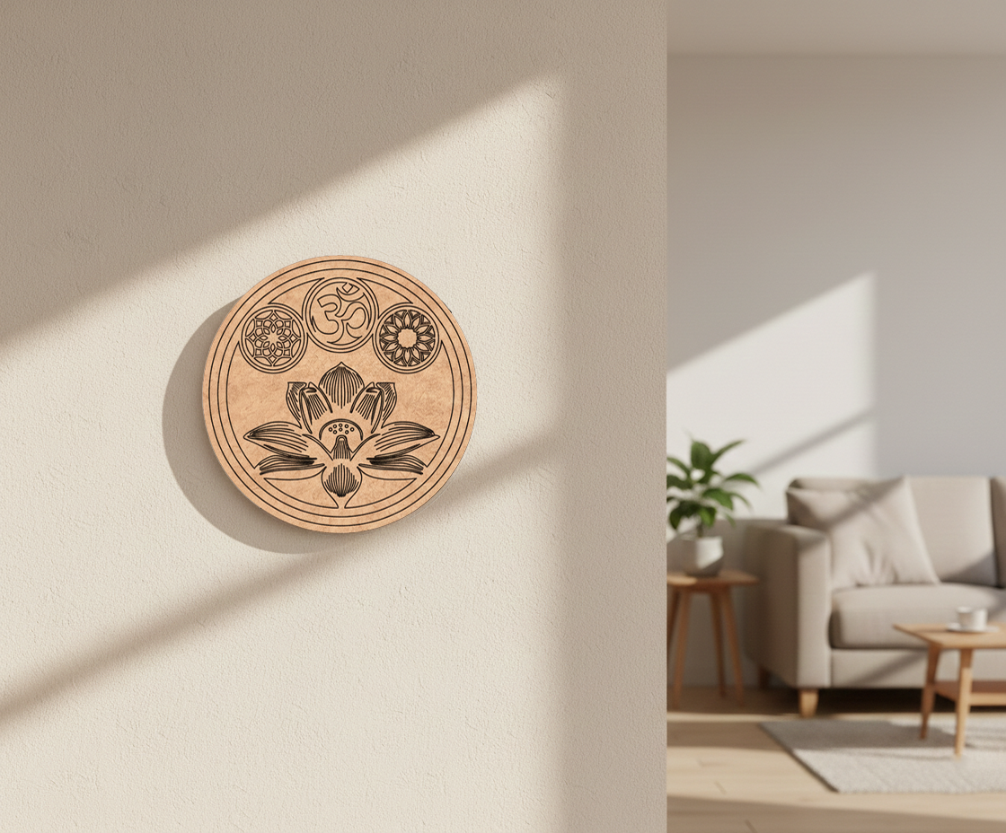 Decorative MDF DIY wall plaque with symbols on a beige wall in a living room.