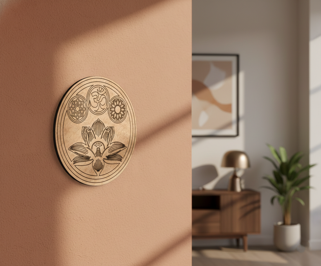 Decorative MDF DIY wall art with floral design on a beige wall, room setting with furniture and plant.