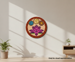 MDF DIY Decorative wall piece with a purple lotus flower and circular symbols on a wooden frame, placed on a neutral wall.