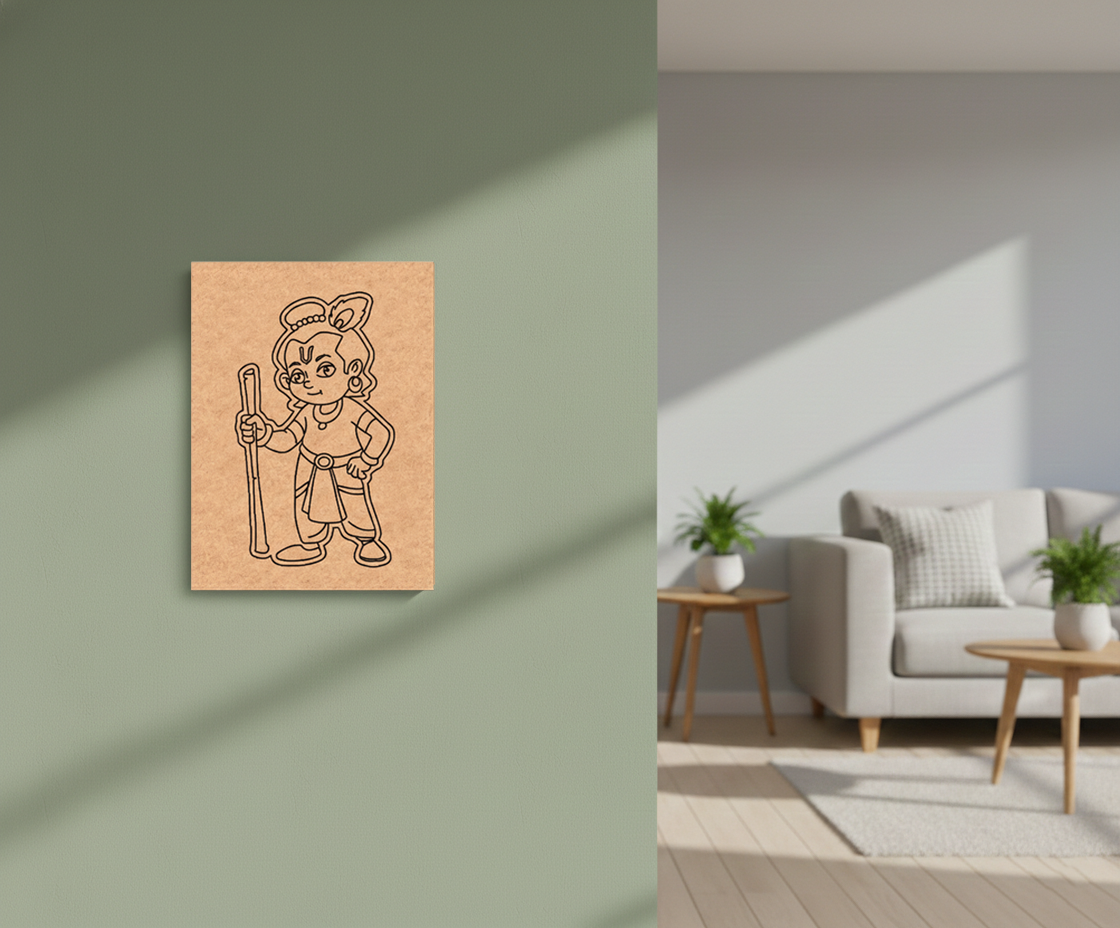 MDF DIY  wall art of a cartoon character on a green wall with a living room in the background.