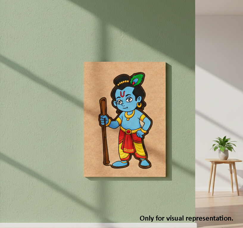 MDF DIY Colorful illustration of a character on a wooden panel against a light green wall.