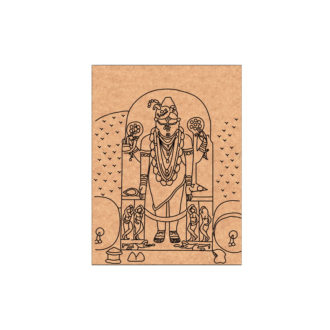 MDF DIY wall art  with a black line drawing of a deity on a white background
