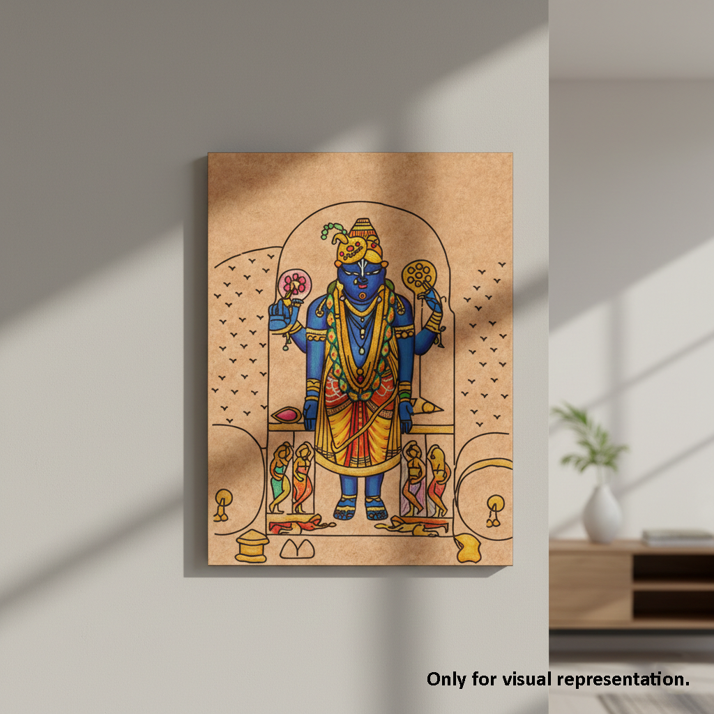 MDF DIY Canvas print of a colorful deity illustration on a wall.