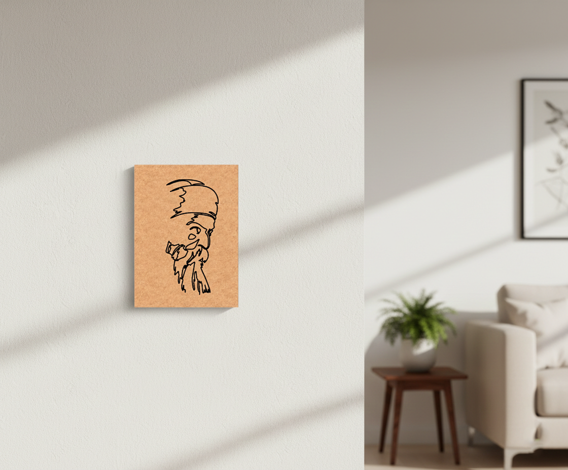 MDF DIY wall art with a black line drawing of a person on a white wall.