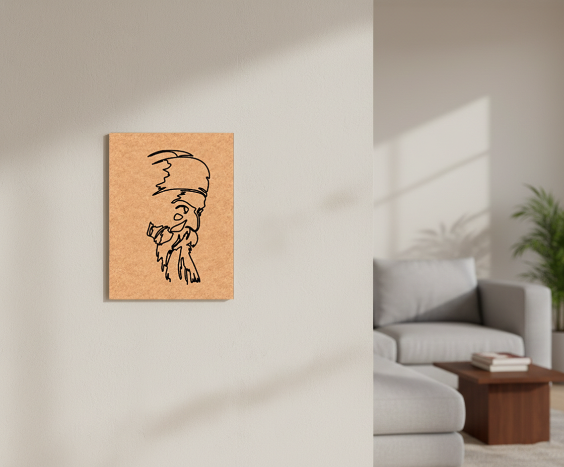 MDF DIY wall art with a design of a gnome on a wall in a living room.