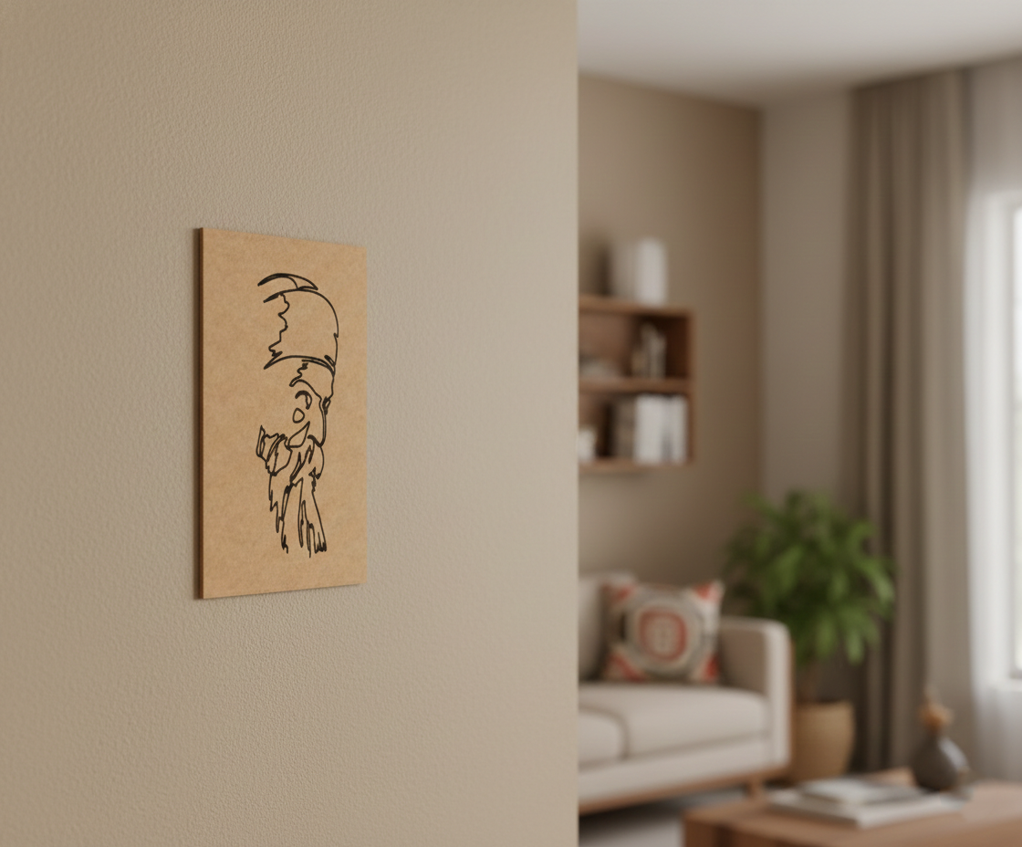 MDF DIY  wall art with a black line drawing of a person holding an umbrella on a beige wall in a living room.