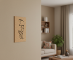 MDF DIY  wall art with a black line drawing of a person holding an umbrella on a beige wall in a living room.