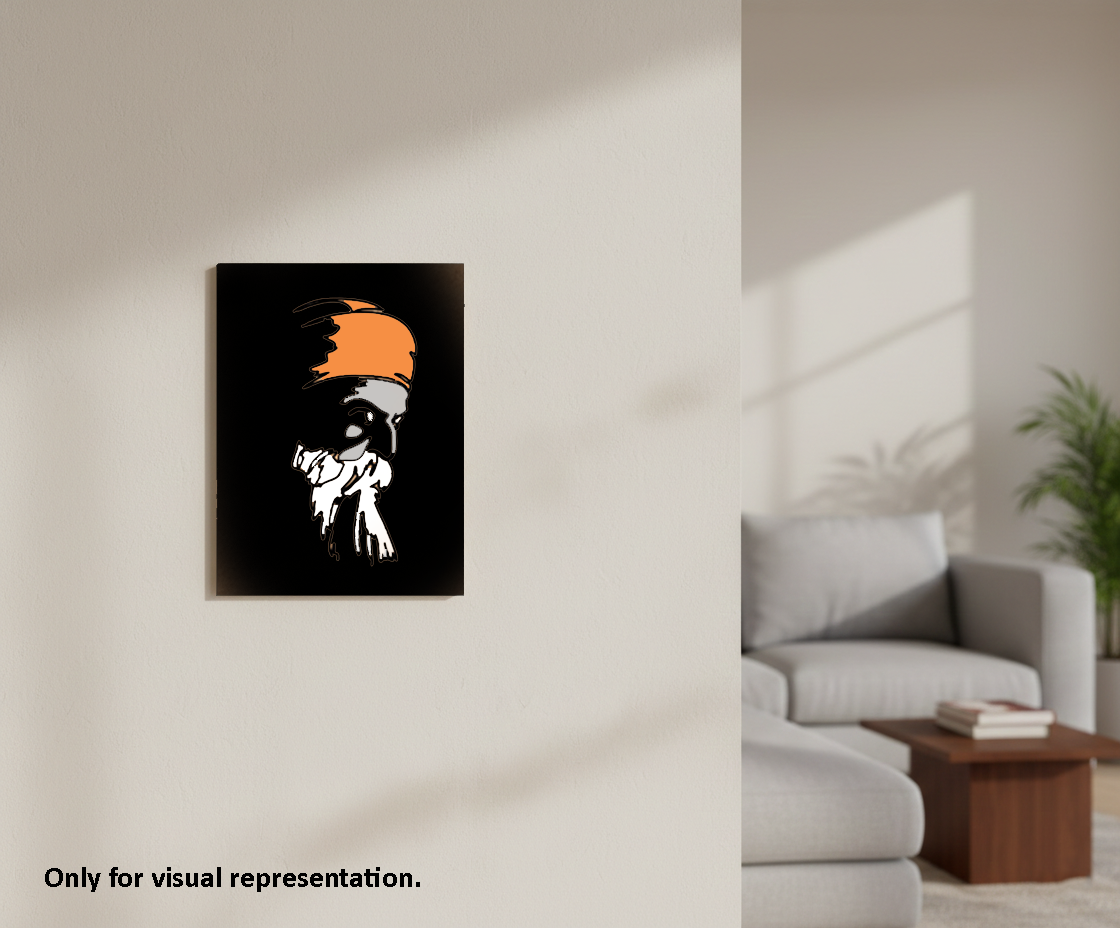 MDF DIY Canvas print of a stylized portrait with an orange and black color scheme on a wall in a living room.