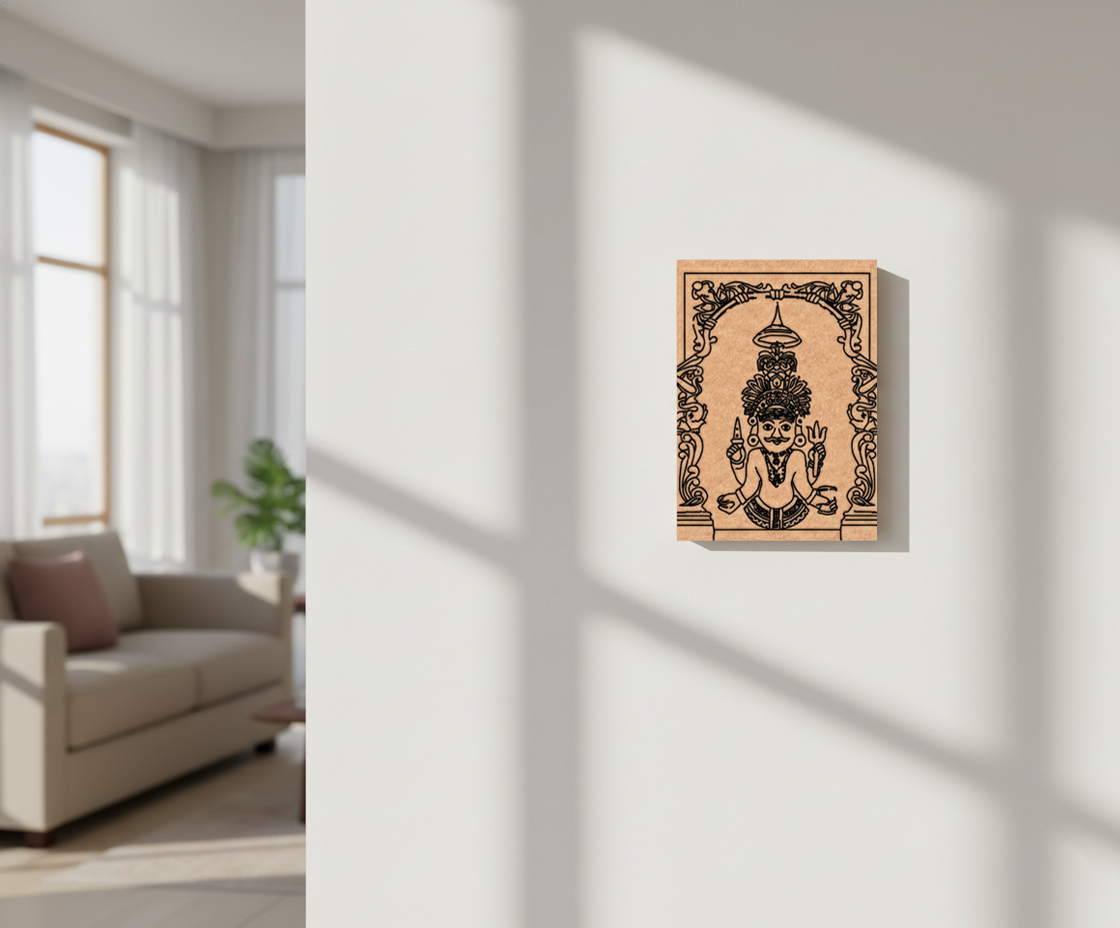 Decorative MDF DIY wall art of a deity in a frame on a white wall with a living room in the background.