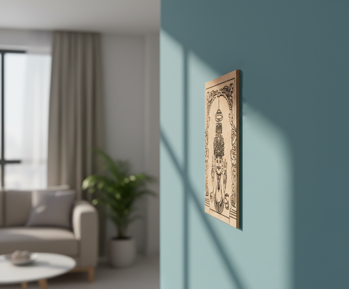 Decorative MDF DIY  wall art on a teal wall with a blurred living room in the background