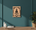 MDF DIY  wall art of a deity in a decorative frame on a teal wall.