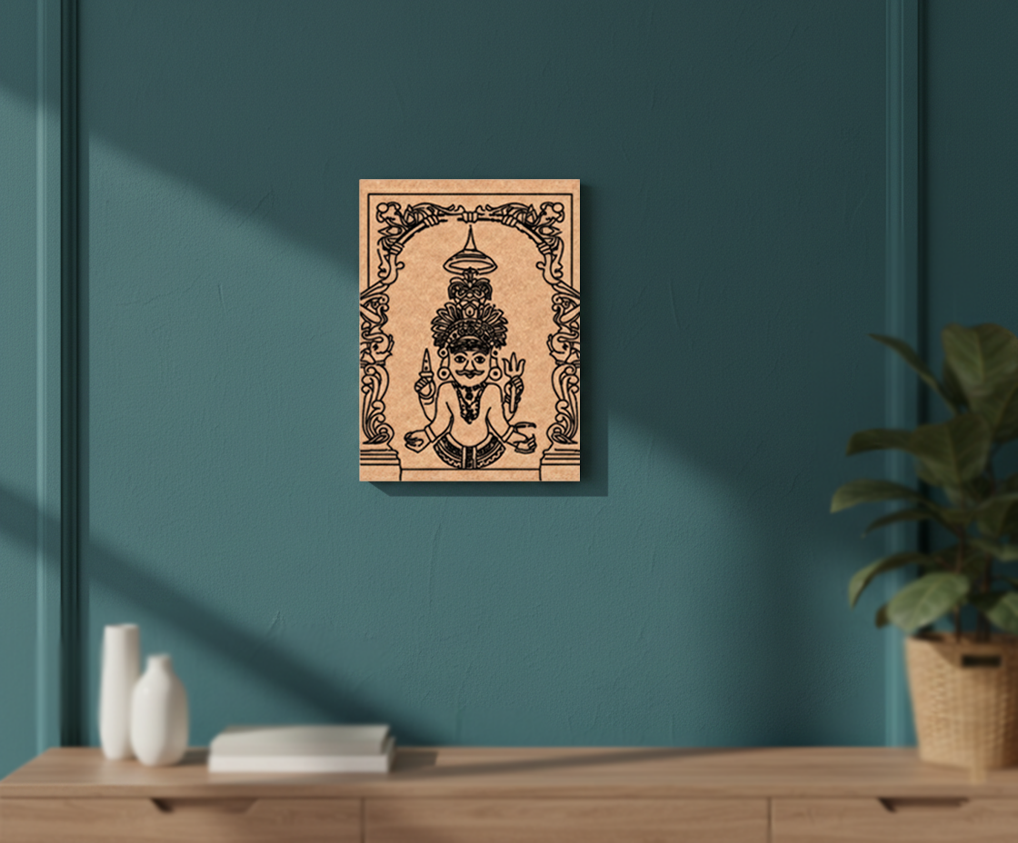 MDF DIY  wall art of a deity in a decorative frame on a teal wall.