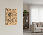 MDF DIY wall art with floral patterns on a beige background in a living room setting.