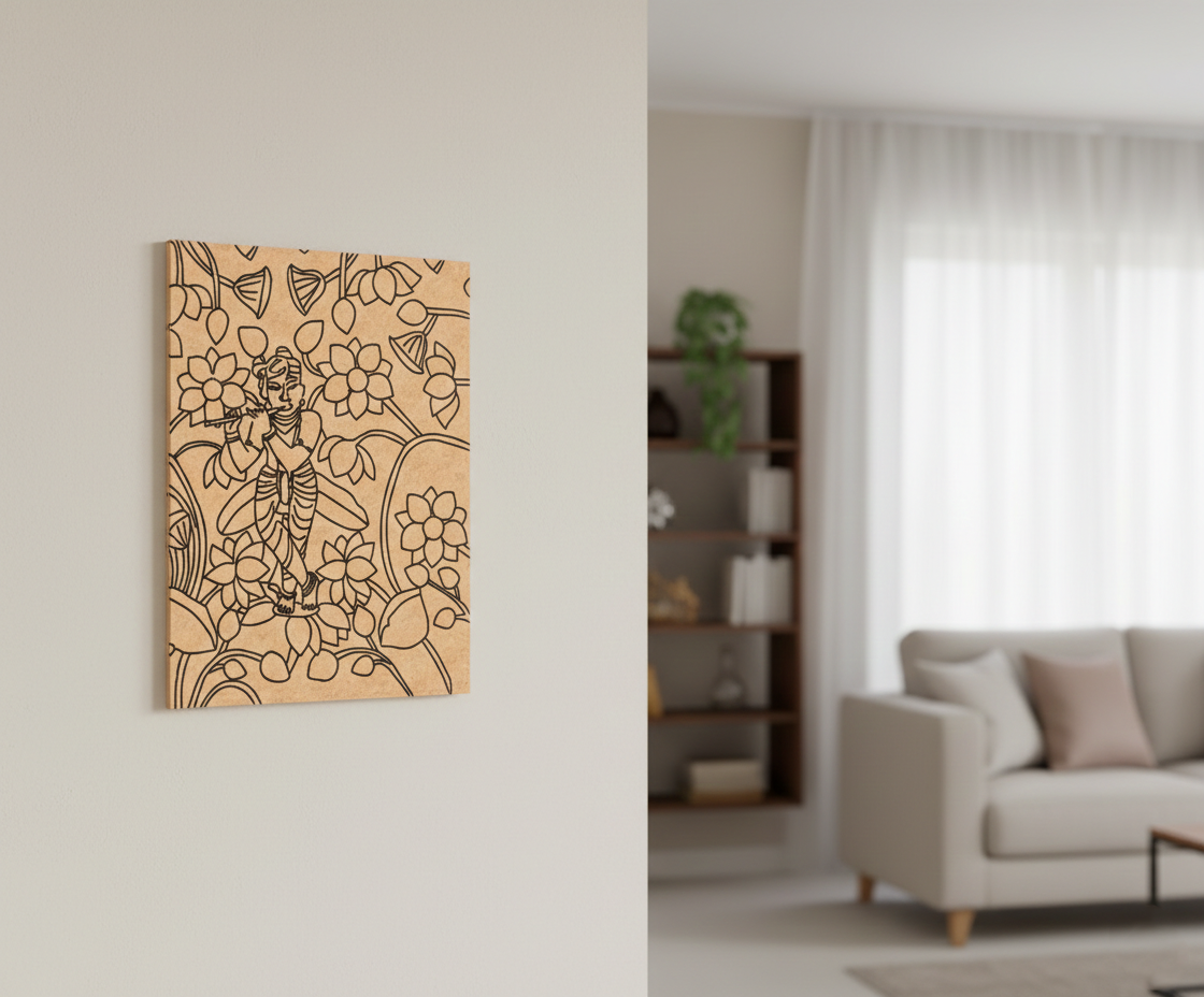 MDF DIY wall art with floral patterns on a beige background in a living room setting.