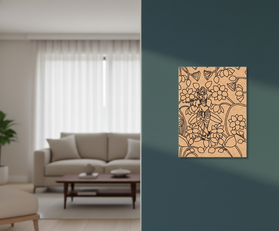 Decorative MDF DIY wall art on a teal wall with a living room in the background