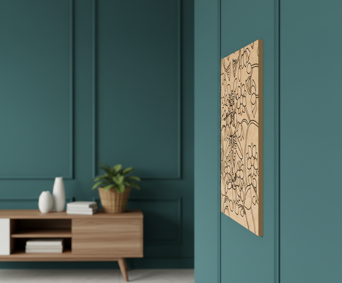 MDF DIY  wall art piece on a teal wall with a wooden cabinet and plant below.