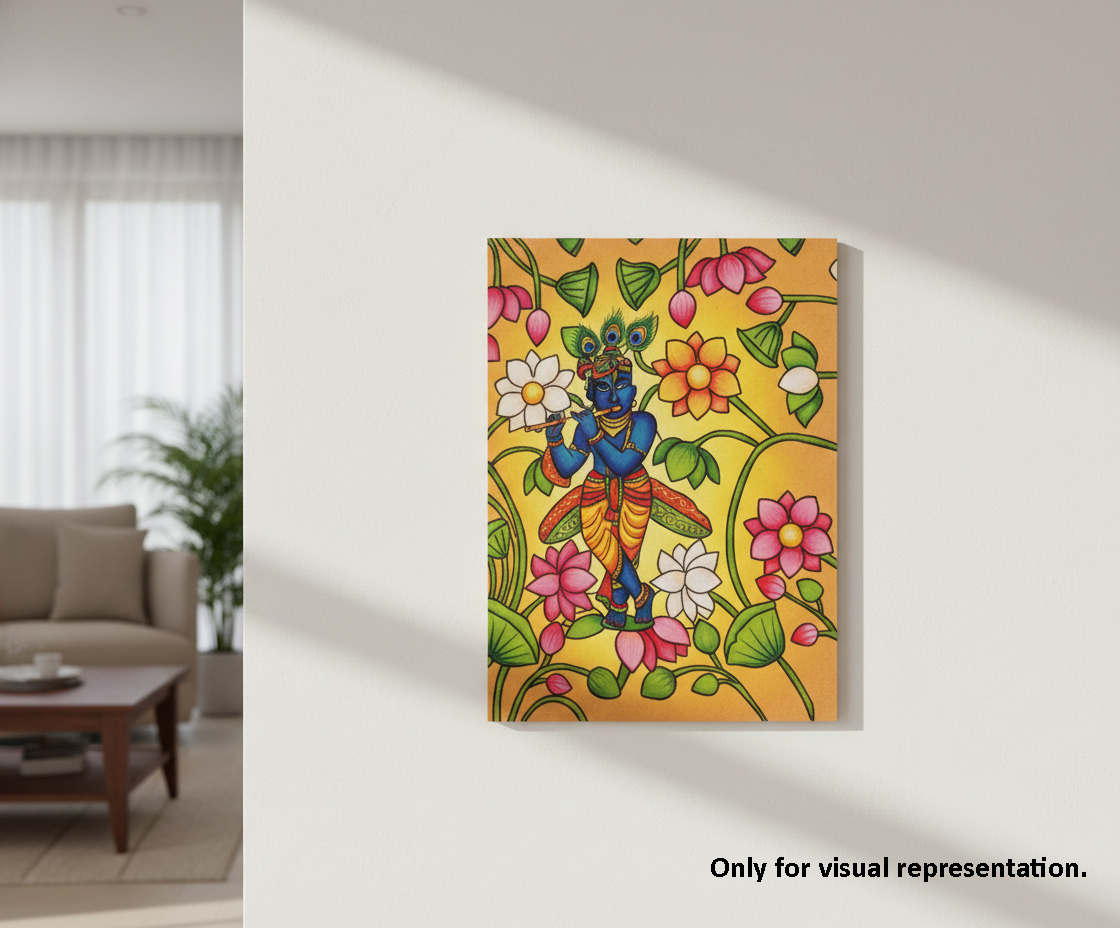 MDF DIY Colorful painting of a deity surrounded by flowers on a wall in a living room.