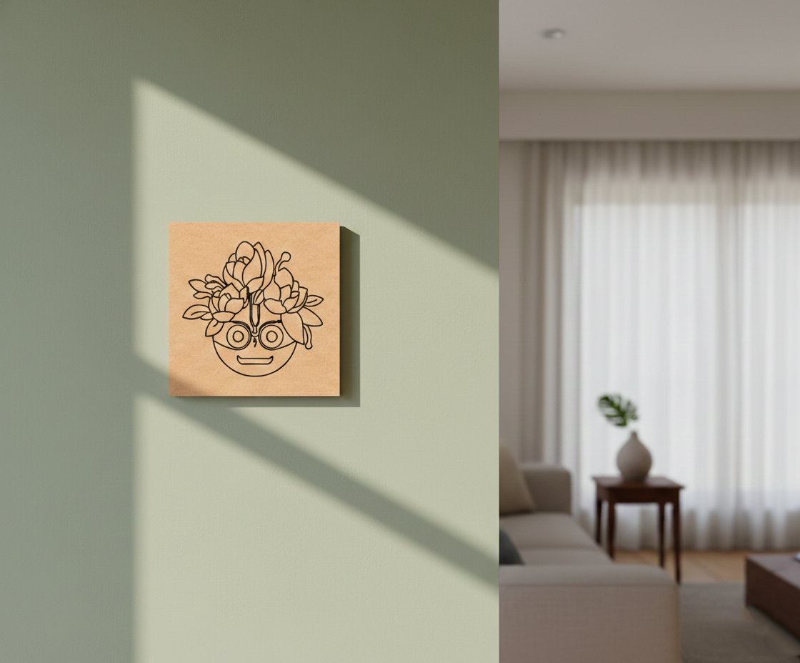 Decorative MDF DIY wall art on a light green wall with a living room in the background