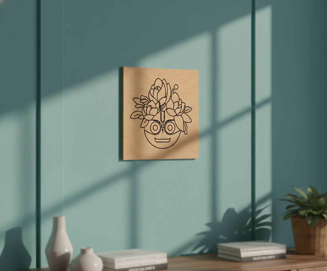 MDF DIY Framed artwork of a face with floral elements on a teal wall.