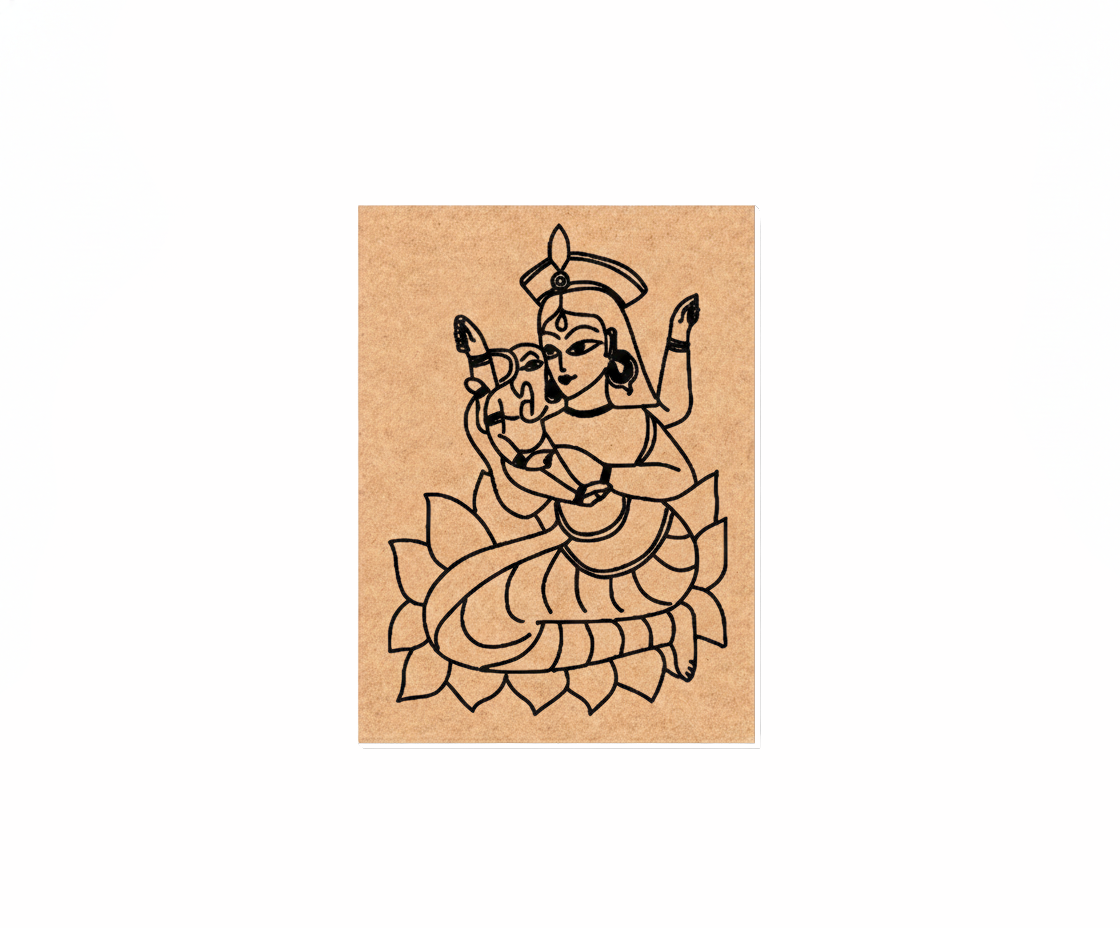 MDF DIY wall art  with a black line drawing of a traditional figure on a white background.