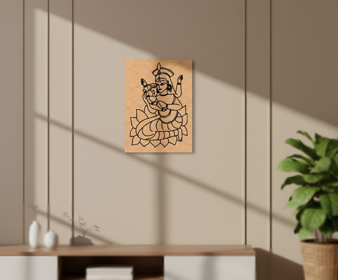 Decorative MDF DIY wall art of a traditional design on a wooden panel in a room with a plant and shelf.