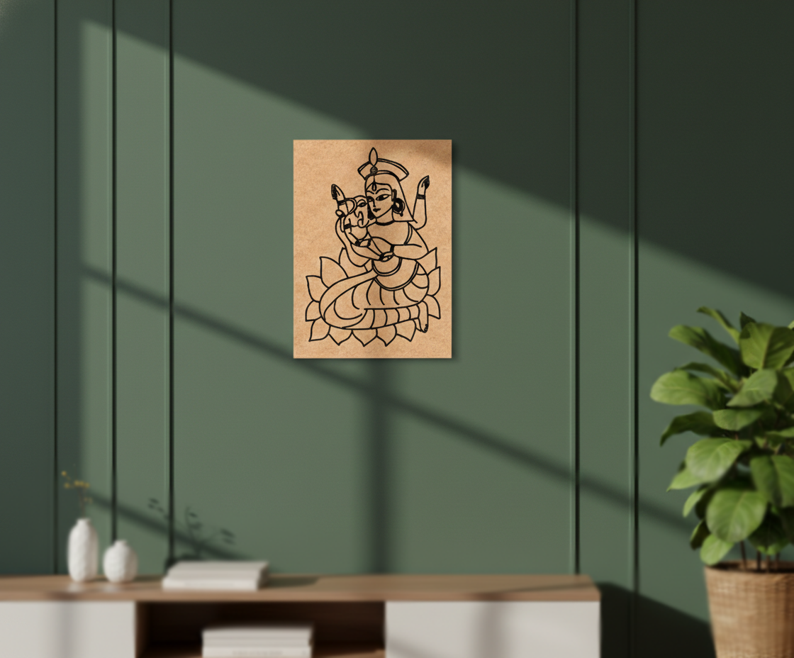 MDF DIY wall art with a design of a figure on a green wall, with a plant and decor items below.